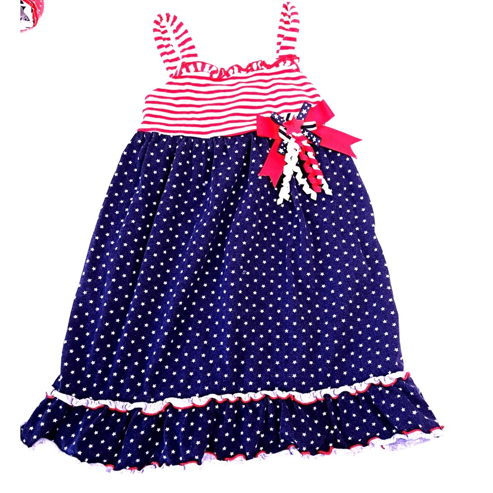 Toddler Girls July 4th Red White Blue Dress Ribbons No Tags 20" Chest‎ USA
